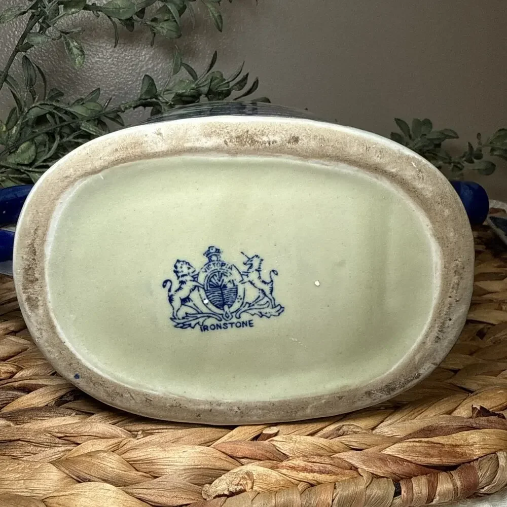 Victoria Blue White Ironstone Teapot Chinoiserie Landscape Handle 10.5” Vintage